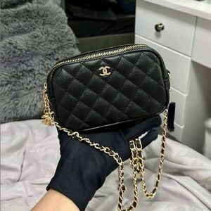 CHANEL Black Quilted Leather Camera Cosmetic Crossbody Bag with Gold Chain